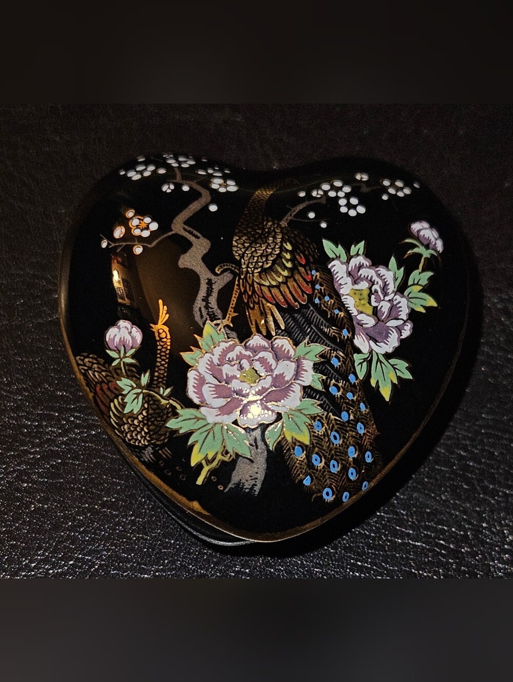 Vintage Heart-Shaped Black Decorative Jewelry Box with Floral & Peacock Motif